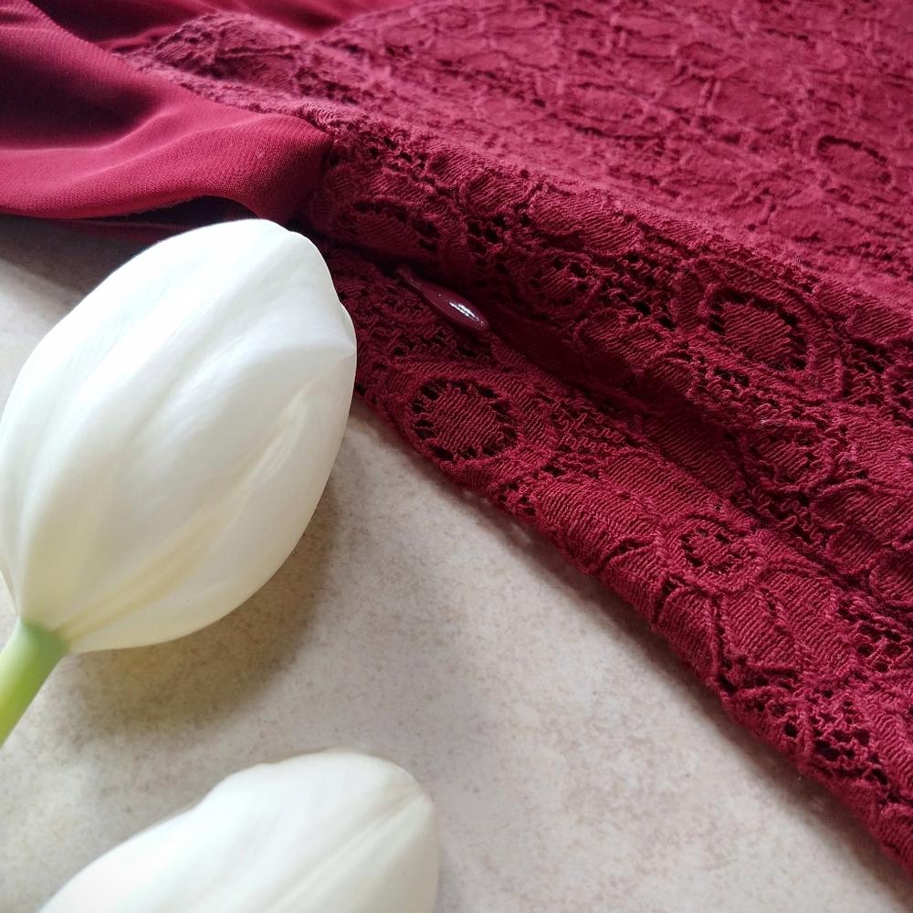 👗 Red Cap Sleeve Lace Chiffon Fit & Flare Dress - Picture 4 of 4